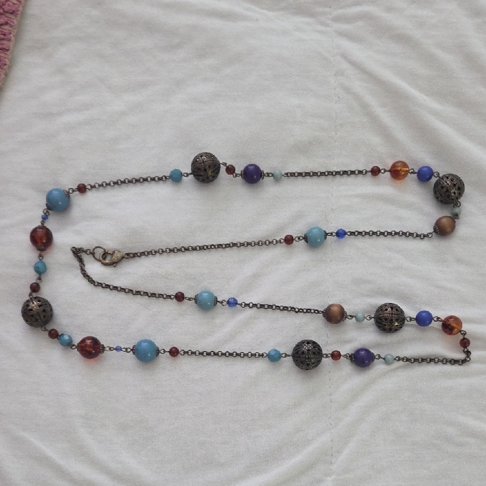 2000s Retro Blue And Bronze Beaded Necklace